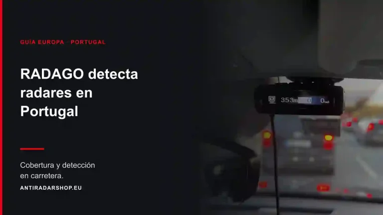 Detector Radago instalado bajo el retrovisor avisando de un radar a 353 metros